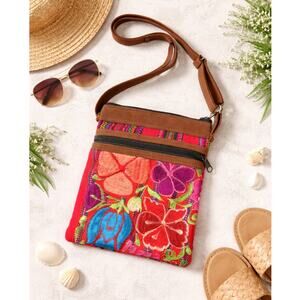 Boho Embroidered Floral Crossbody Bag Red Coachella Summer Festival Purse